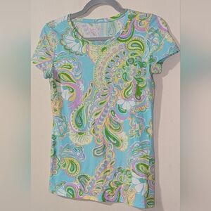 Lilly Pulitzer Blue and Green Paisley Short Sleeve Top